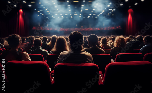 Illustration capturing the atmosphere of a theater premiere. Showcase a diverse audience seated in a theater