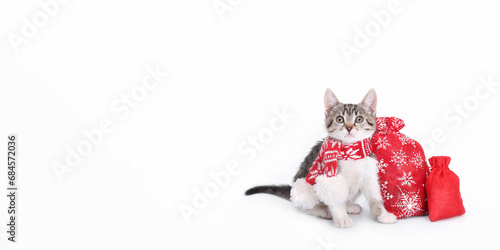 Tiny Kitten wearing red scarf on a white background. Xmas. Christmas presents. Santa's helper. Happy New Year. Christmas sale banner. Winter holiday shopping. Kitten with Christmas presents Bags gifts © Mariia