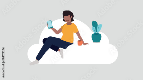 Relaxed person sitting on a cloud doing secure log in on a smartphone - cloud service concept