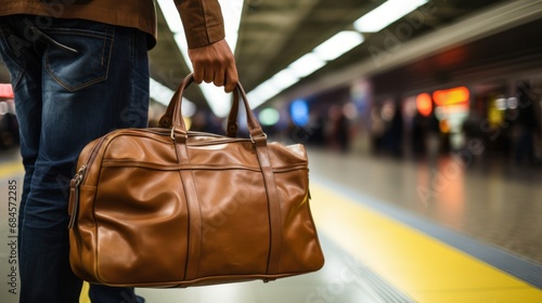Man Holding Leather Duffle Bag at Subway Station