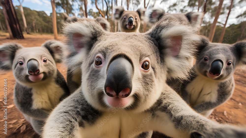 Obraz premium Group of cute koala bears making selfie.