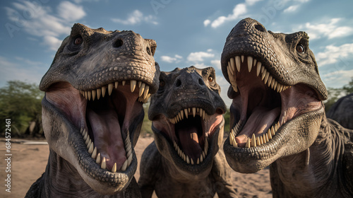 Group of T-rex dinosurus making selfie. © JuLady_studio