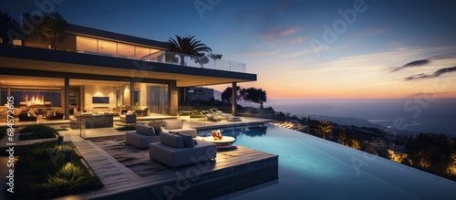 Luxury House with Pool at Sunset © Sariyono