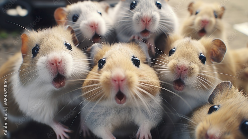 Group of funny hamsters making selfie.