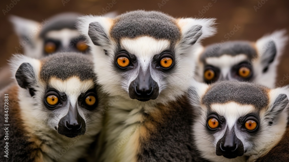 Obraz premium Group of funny lemurs catta making selfie.