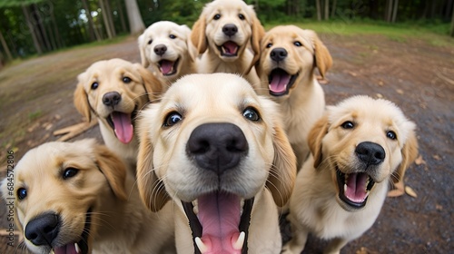 Group of cute Gold Retriver puppies making selfie.