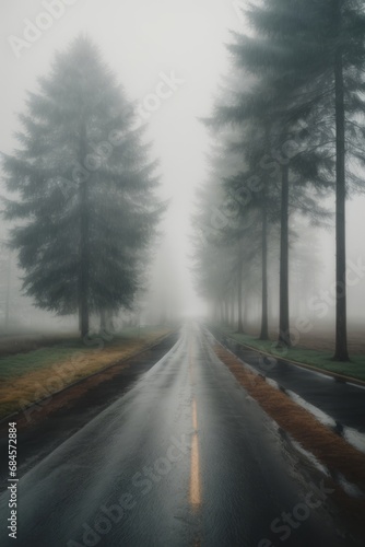 Asphalt road with turns in cloudy rainy foggy weather. Beautiful nature, sadness emotions concepts.