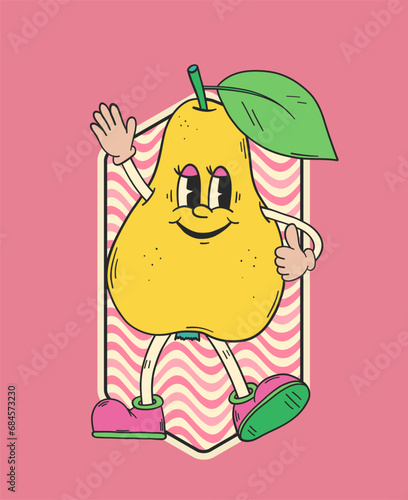 Pear character. Retro cartoon character. Pear sticker. Hippie patch badge. Vintage animation art. Groovy doodle. Vintage cartoon. 60s and 70s nostalgia.