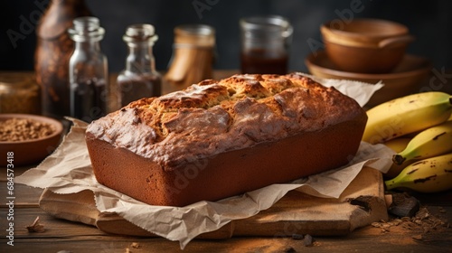 National Banana Bread Day. Freshly baked banana bread on a wooden cutting board, rustic style.