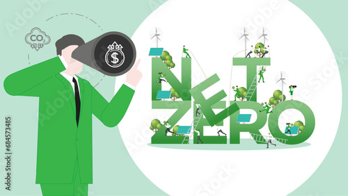 ESG sustainability business visionary. Carbon credit vision from reduce carbon footprint and carbon dioxide to carbon offset. Vision of Net Zero