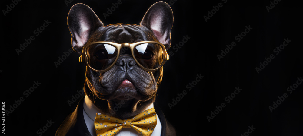 Celebration birthday, Sylvester New Year's eve party, funny animal banner greeting card - Bulldog dog with party hat outfit sunglasses, suit and bow tie isolated on black table background - obrazy, fototapety, plakaty 
