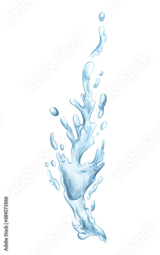 Stream and splash of water isolated on white background. Watercolor hand drawn illustration. Ocean day. Ecology