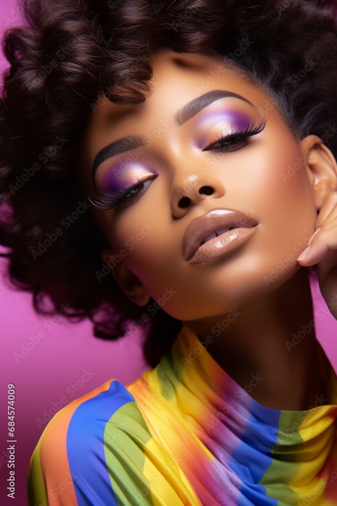 Portrait of a Woman Embracing Her Bold Makeup and Expressive, Colourful Dress Against a Purple Background. A woman with bright makeup and a colourful dress. LGBTQI+ Celebration Portrait of a Woman Embracing Her Bold Makeup and Expressive, Colourful Dress Against a Purple Background. A woman with bright makeup and a colourful dress. LGBTQI+ Celebration