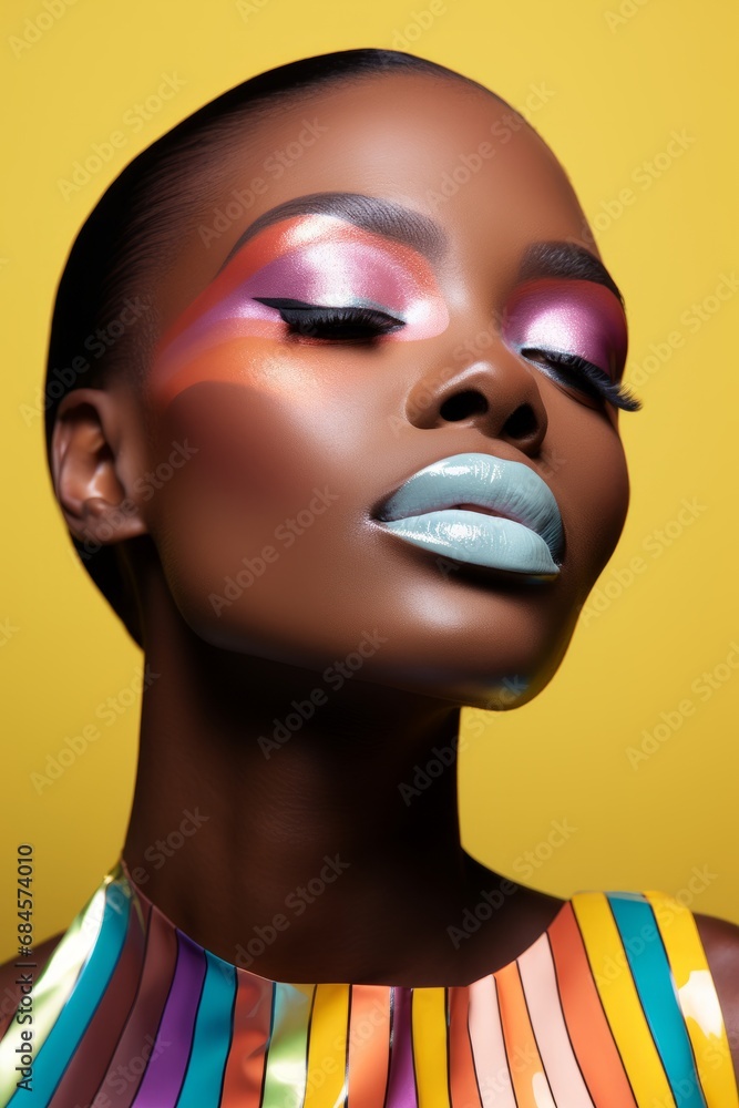 A Woman Embracing Colourful Makeup and Adorned in a Multicoloured Dress Against a Yellow Background. A woman with bright makeup and a multicoloured dress. LGBTQI+ Celebration A Woman Embracing Colourful Makeup and Adorned in a Multicoloured Dress Against a Yellow Background. A woman with bright makeup and a multicoloured dress. LGBTQI+ Celebration