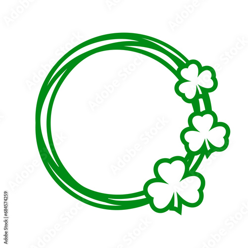 Día de San Patricio. Logo con marco circular con líneas con silueta de tréboles de 3 hojas para su uso en felicitaciones y tarjetas photo
