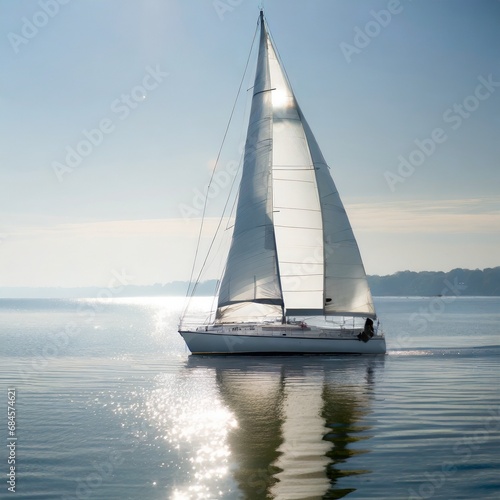 "A magnificent sailboat sailing gracefully on a calm sea. The white sails are inflated by the wind, and the sun reflects off the water, creating a peaceful, serene atmosphere."