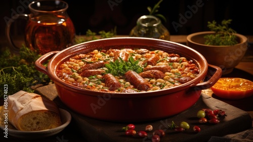 National Cassoulet Day: A rustic setting with a hearty cassoulet in a traditional clay dish, ready to be enjoyed.