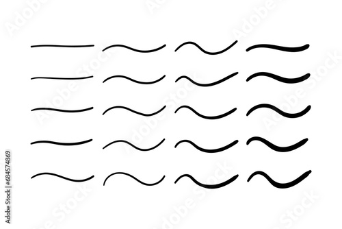 Set of Swoosh and swoops underline typography tail shapes. Brush drawn thick curved smear. Hand drawn curly swish, swash, squiggle, twiddle. Vector calligraphy doodle swirl. Vector