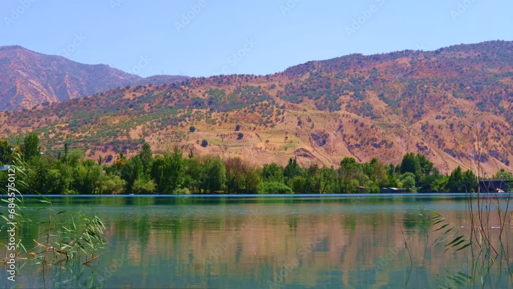 Beautiful view of Nurek river with blue lake and high mountains against the sky Beautiful view of Nurek river with blue lake and high mountains against the sky