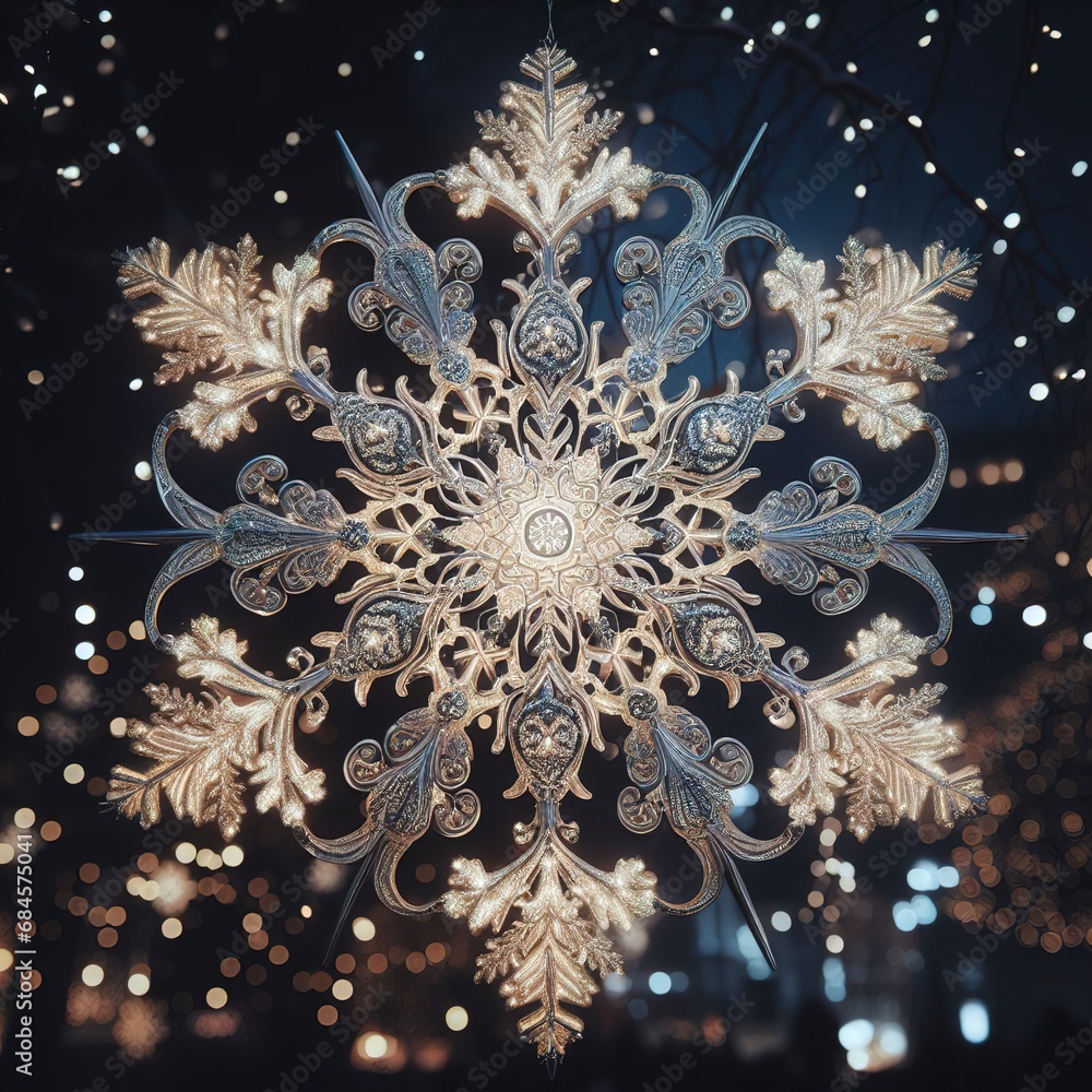 Shiny snowflake decoration glows in winter night