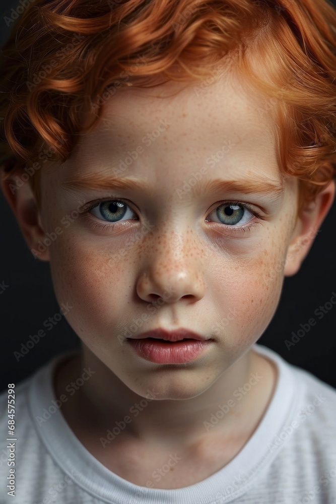 Close-up portrait of a beautiful redhead 5-year-old boy with freckles, blue eyes with a direct look at the camera on a white background. Children, a new generation of concept. Close-up portrait of a beautiful redhead 5-year-old boy with freckles, blue eyes with a direct look at the camera on a white background. Children, a new generation of concept.