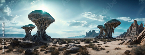 Wide-angle shot of an alien planet landscape. Breathtaking panorama of a desert planet with strange rock formations against blue sky with clouds. Fantastic extraterrestrial landscape. Sci-fi wallpaper