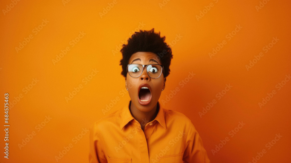 Portrait of african american woman looking at camera, shocked and surprised Portrait of african american woman looking at camera, shocked and surprised