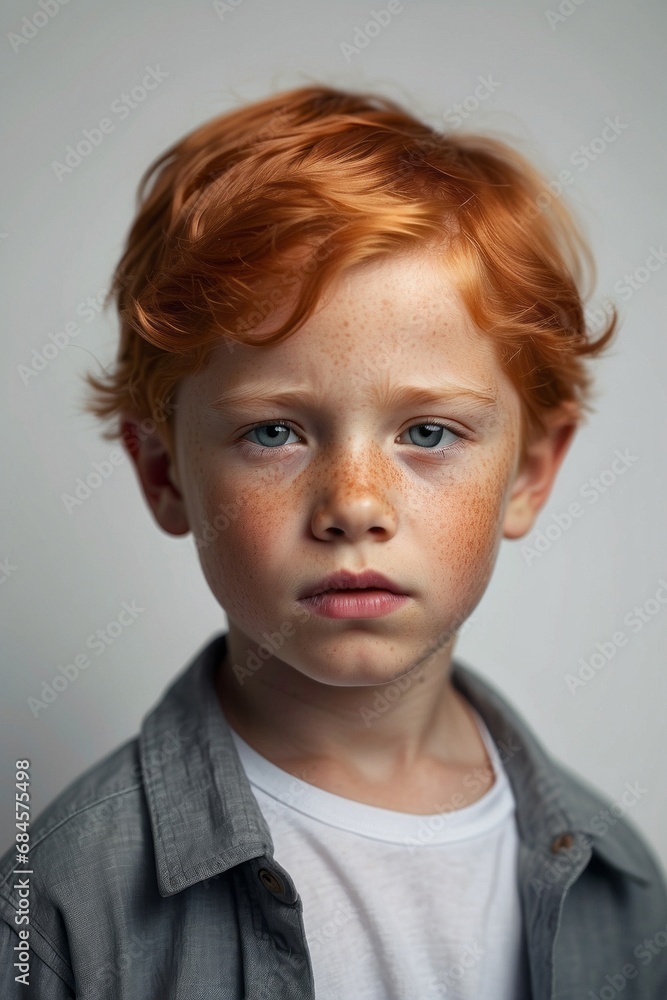 Close-up portrait of a beautiful red-haired 5-year-old boy with freckles, blue eyes with a direct look at the camera on a white background. Children, kid, a new generation of concept. Close-up portrait of a beautiful red-haired 5-year-old boy with freckles, blue eyes with a direct look at the camera on a white background. Children, kid, a new generation of concept.