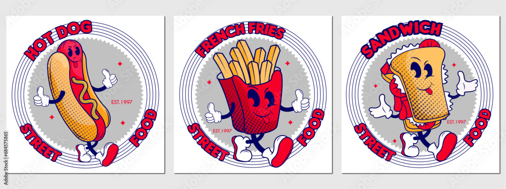 set of poster with groovy food street. hand drawn hot dog, sandwich and French fries. shop logo, label, emblem design elements, coffee shop, restaurant cafe,  set of three comic characters of American