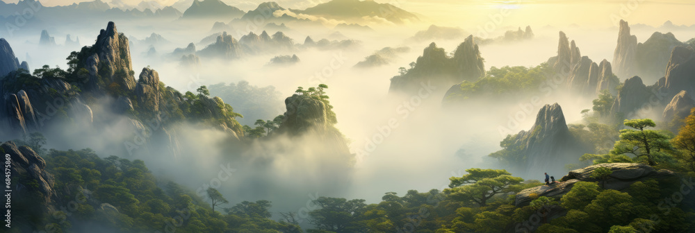 A rocky mountain towers above the sea of clouds. A majestic view that stretches all the way to the horizon. Panoramic size suitable for banners.