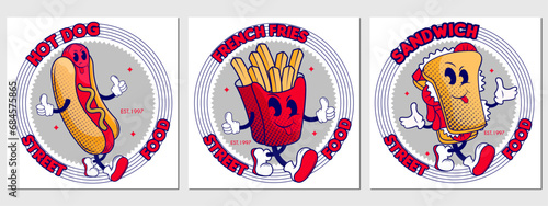 set of poster with groovy food street. hand drawn hot dog, sandwich and French fries. shop logo, label, emblem design elements, coffee shop, restaurant cafe,  set of three comic characters of American