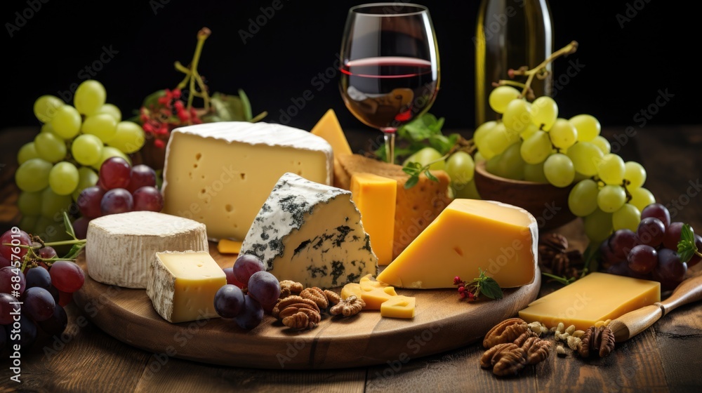 National Cheese Lover Day: A cheese-tasting event with an assortment of cheeses, grapes, and wines on a rustic wooden table National Cheese Lover Day: A cheese-tasting event with an assortment of cheeses, grapes, and wines on a rustic wooden table