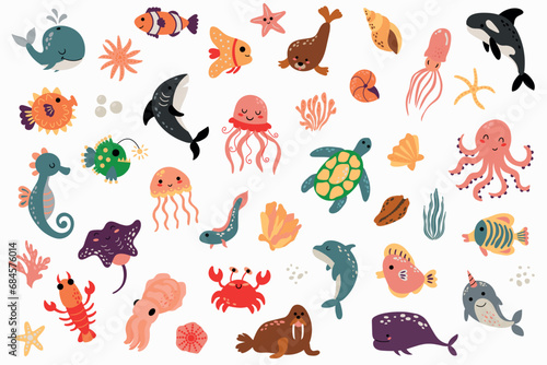 Set of marine animals. Hand-drawn style. White background, isolate.
