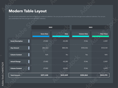 Modern table layout template with years columns and a total sum row - dark version. Simple flat template for data visualization.