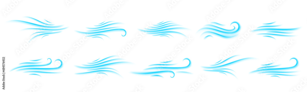 Doodle wind gradient set.  Air wind motion, air blow, swirl elements. Blowing motion. Transparent effect - obrazy, fototapety, plakaty 