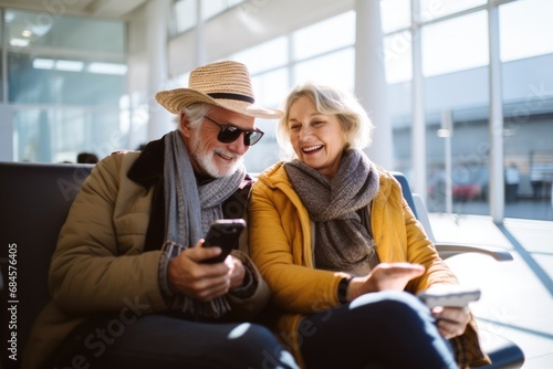 Happy senior couple at the airport check the smartphone.  Enjoy retirement together