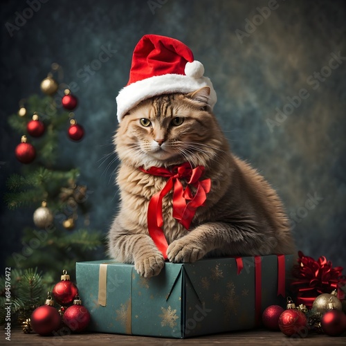 A cat with a christmas hat sitting on a gift box photo