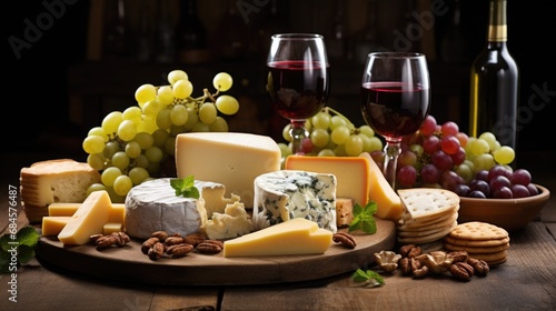 National Cheese Lover Day: A cheese-tasting event with an assortment of cheeses, grapes, and wines on a rustic wooden table
