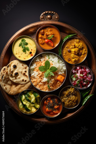 Typical Indian dish Thali. Vegetarian dishes on one large round plate.