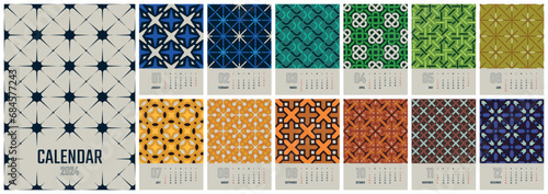 Monthly vector wall calendar 2024 with week start Sunday, 12 pages with colored pattern, Work or business planner with abstract illustrations, English version