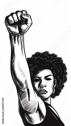 Empowering image of the Black Lives Matter movement and feminism: African American woman descent raising their fists in solidarity, advocating for justice, equality, and recognition of their rights.