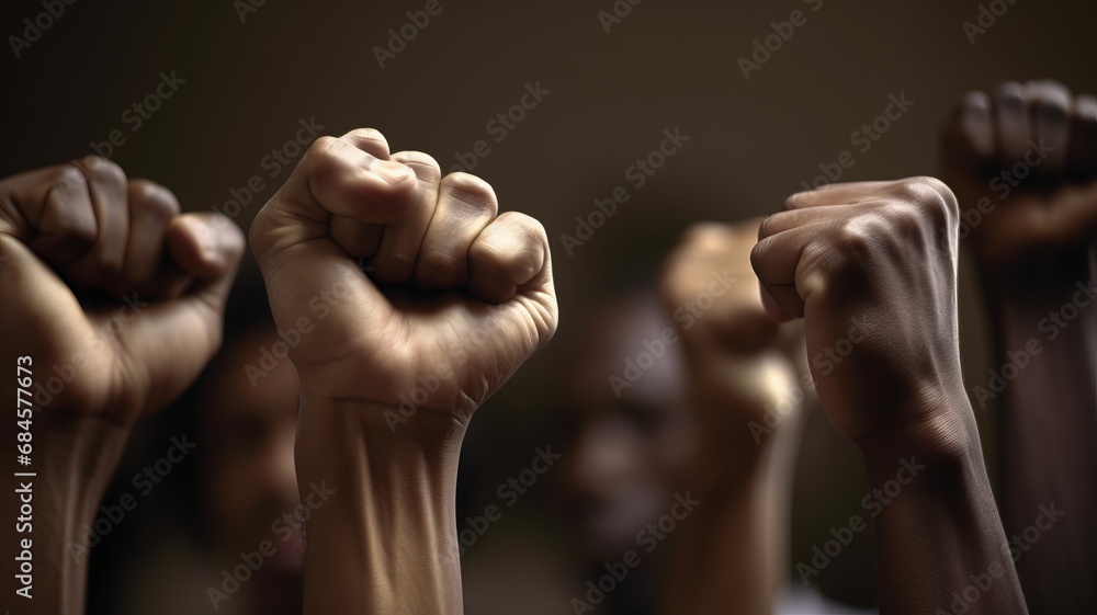 Empowering image of the Black Lives Matter movement: individuals of African American descent raising their fists in solidarity, advocating for justice, equality, and recognition of their rights. Empowering image of the Black Lives Matter movement: individuals of African American descent raising their fists in solidarity, advocating for justice, equality, and recognition of their rights.