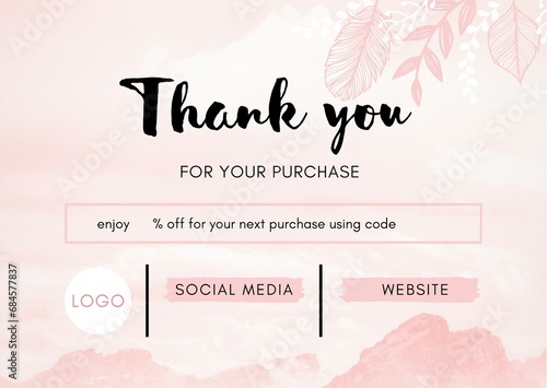 Floral leaf pink thank you for purchase , order card , letter, note , template , business card photo