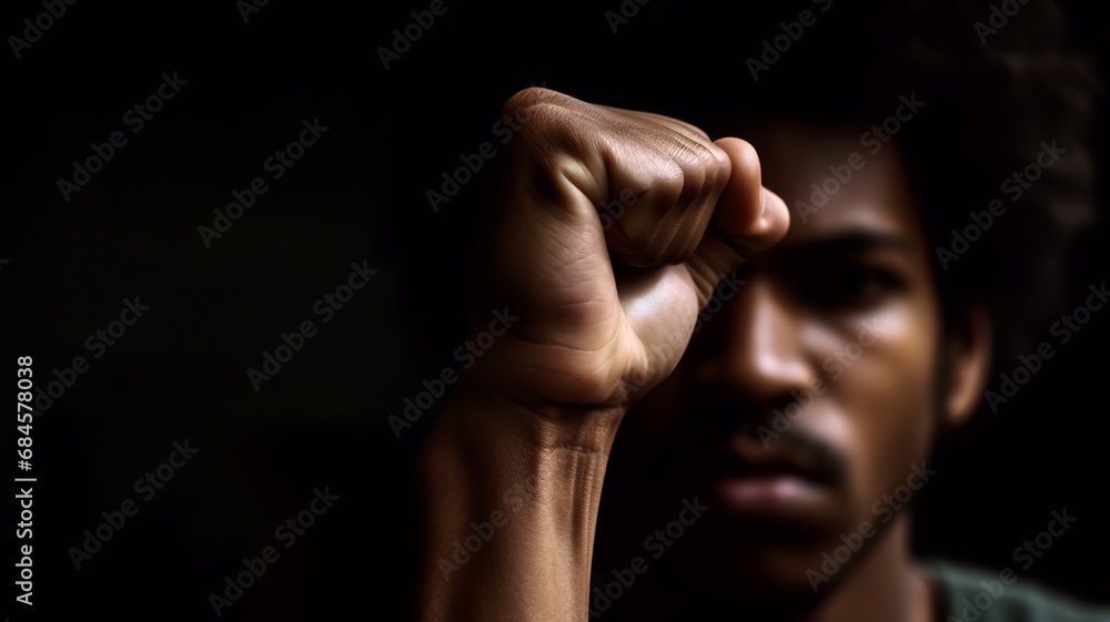 Empowering image of the Black Lives Matter movement: individuals of African American descent raising their fists in solidarity, advocating for justice, equality, and recognition of their rights. - obrazy, fototapety, plakaty 