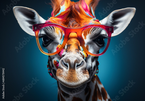Portrait of giraffe wearing glasses. Glamorous fashion concept. Unreal and futuristic. AI generated