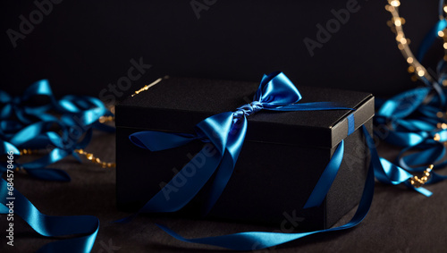 Gorgeous black blue gift box with ribbon and bow photo