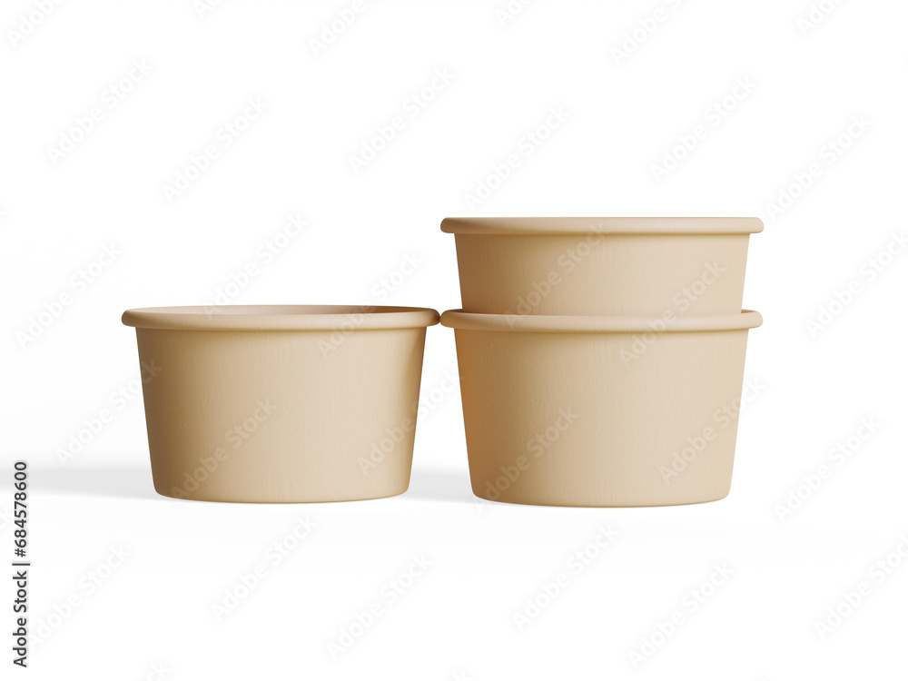 Container for food or Disposable kraft paper bowl isolated on white background realistic 3D illustration Container for food or Disposable kraft paper bowl isolated on white background realistic 3D illustration