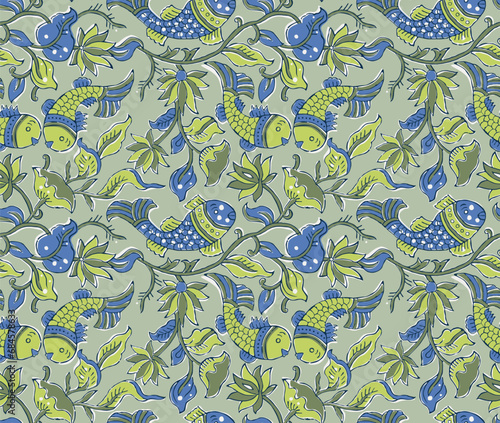 INDIAN TRADITIONAL KALAMKARI ALL OVER PRINT WITH FLORAL AND FISH SEAMLESS PATTERN VECTOR ILLUSTRATION