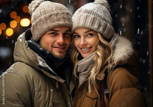 Couple dressed warmly in woolen hat and scarf, on the street with snow falling. Love time. AI generated