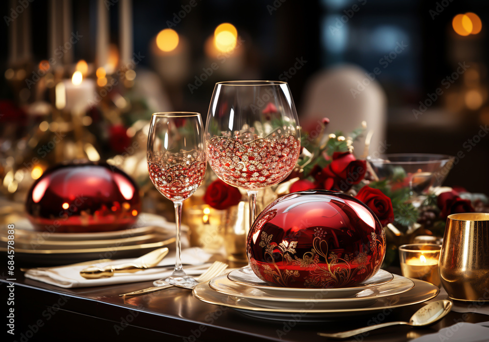 Christmas table detail, elegantly decorated. AI generated